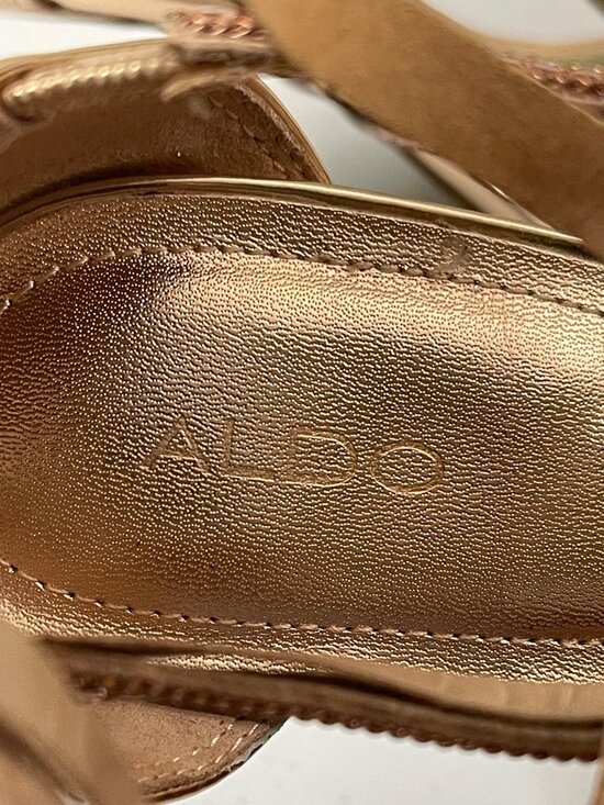 ALDO Strappy Metallic Gold Heeled Sandals With Rhinestone Accents Peep Toe - Picture 11 of 11